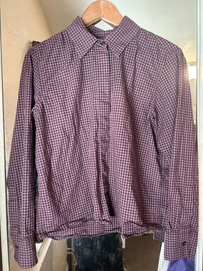 Zara Women's Burgundy and White Gingham Button-Front Blouse